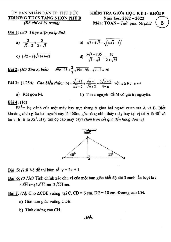 đề giữa kỳ 1 toán 9 năm 2022 – 2023 trường thcs tăng nhơn phú b – tp hcm
