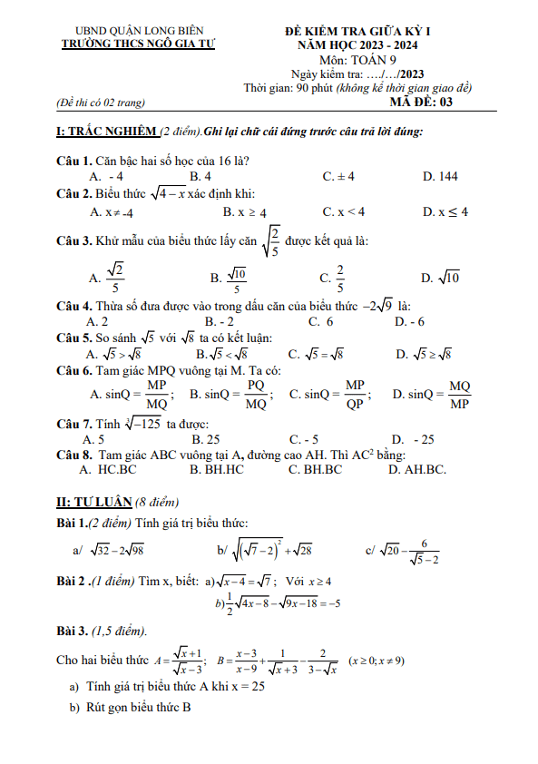 đề giữa kỳ 1 toán 9 năm 2023 – 2024 trường thcs ngô gia tự – hà nội