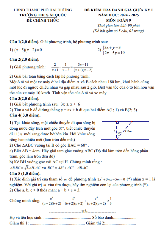 đề giữa kỳ 1 toán 9 năm 2024 – 2025 trường thcs ái quốc – hải dương