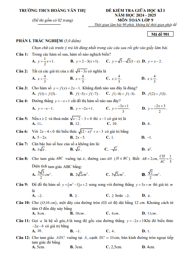 đề giữa kỳ 1 toán 9 năm 2024 – 2025 trường thcs hoàng văn thụ – bắc giang