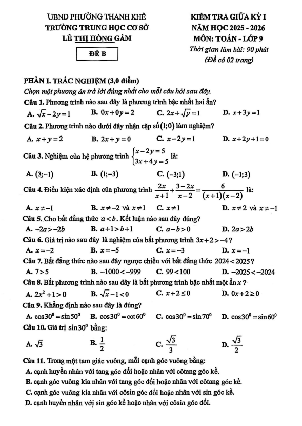 đề giữa kỳ 1 toán 9 năm 2025 – 2026 trường thcs lê thị hồng gấm – đà nẵng