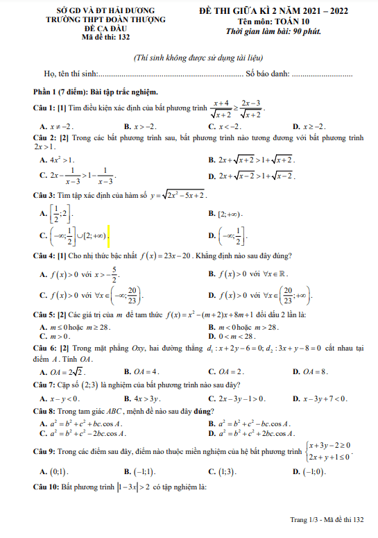 đề giữa kỳ 2 toán 10 năm 2021 – 2022 trường thpt đoàn thượng – hải dương