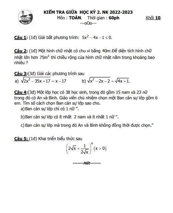đề giữa kỳ 2 toán 10 năm 2022 – 2023 trường thpt gia định – tp hcm