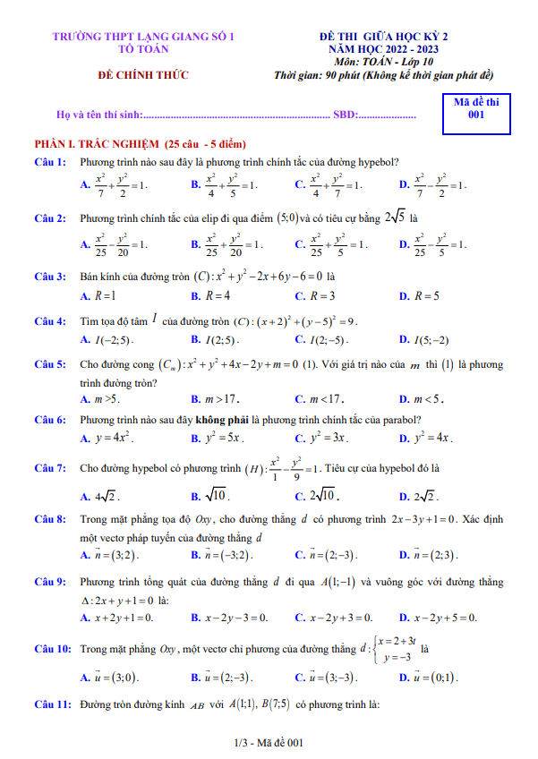 đề giữa kỳ 2 toán 10 năm 2022 – 2023 trường thpt lạng giang 1 – bắc giang