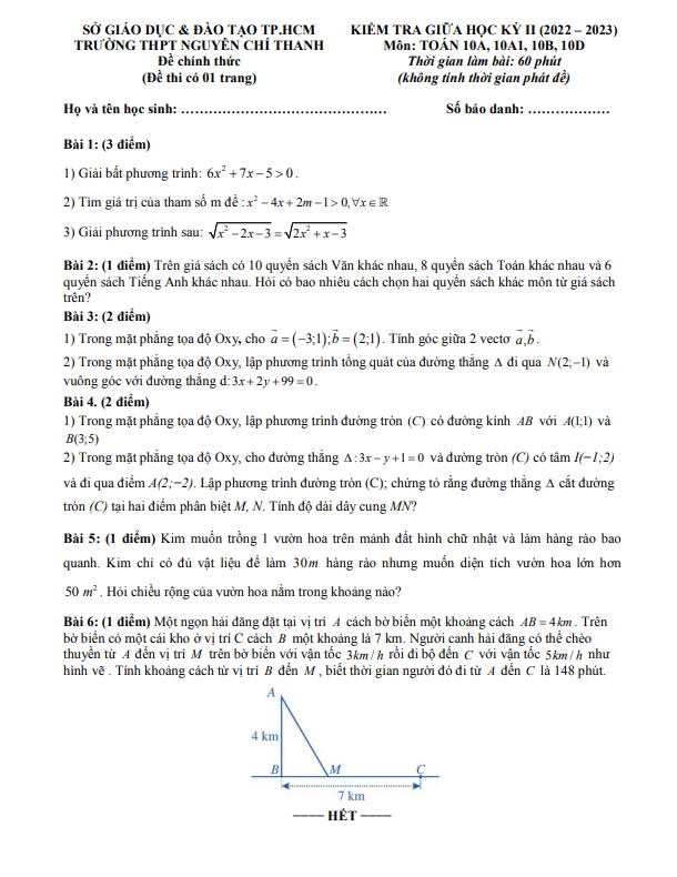 đề giữa kỳ 2 toán 10 năm 2022 – 2023 trường thpt nguyễn chí thanh – tp hcm
