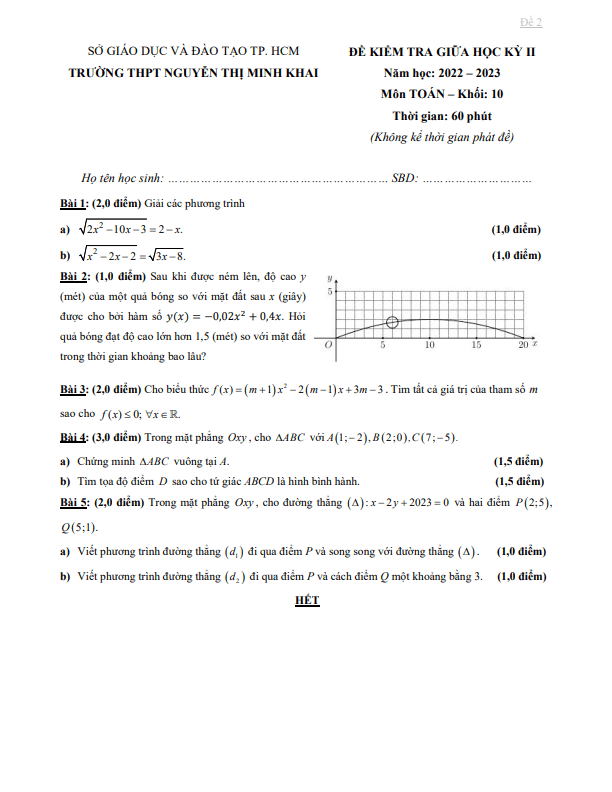 đề giữa kỳ 2 toán 10 năm 2022 – 2023 trường thpt nguyễn thị minh khai – tp hcm