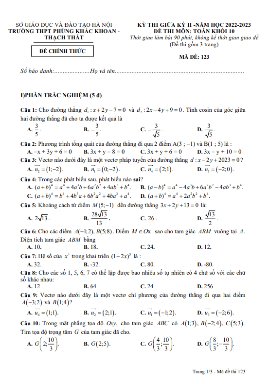 đề giữa kỳ 2 toán 10 năm 2022 – 2023 trường thpt phùng khắc khoan – hà nội