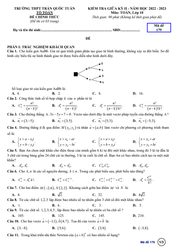 đề giữa kỳ 2 toán 10 năm 2022 – 2023 trường thpt trần quốc tuấn – kon tum