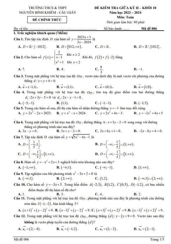 đề giữa kỳ 2 toán 10 năm 2023 – 2024 trường nguyễn bỉnh khiêm – hà nội