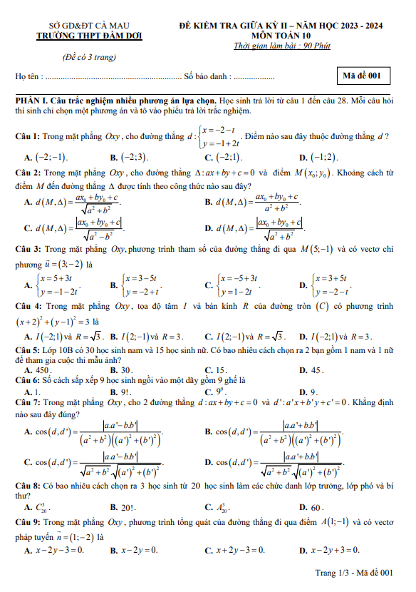 đề giữa kỳ 2 toán 10 năm 2023 – 2024 trường thpt đầm dơi – cà mau