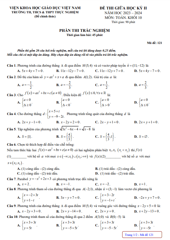 đề giữa kỳ 2 toán 10 năm 2023 – 2024 trường thực nghiệm khoa học giáo dục – hà nội