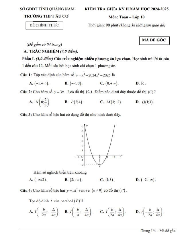 đề giữa kỳ 2 toán 10 năm 2024 – 2025 trường thpt âu cơ – quảng nam