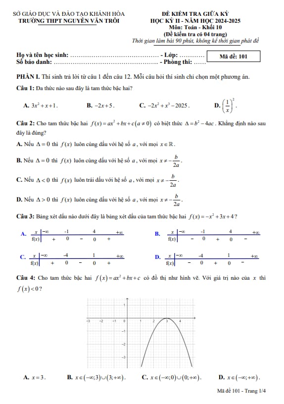 đề giữa kỳ 2 toán 10 năm 2024 – 2025 trường thpt nguyễn văn trỗi – khánh hòa