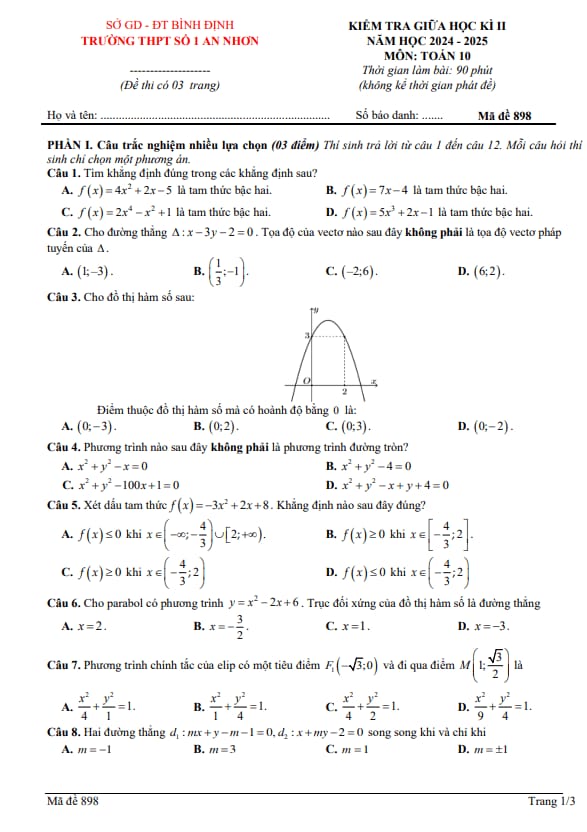 đề giữa kỳ 2 toán 10 năm 2024 – 2025 trường thpt số 1 an nhơn – bình định