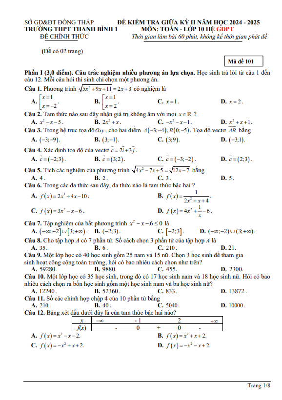 đề giữa kỳ 2 toán 10 năm 2024 – 2025 trường thpt thanh bình 1 – đồng tháp