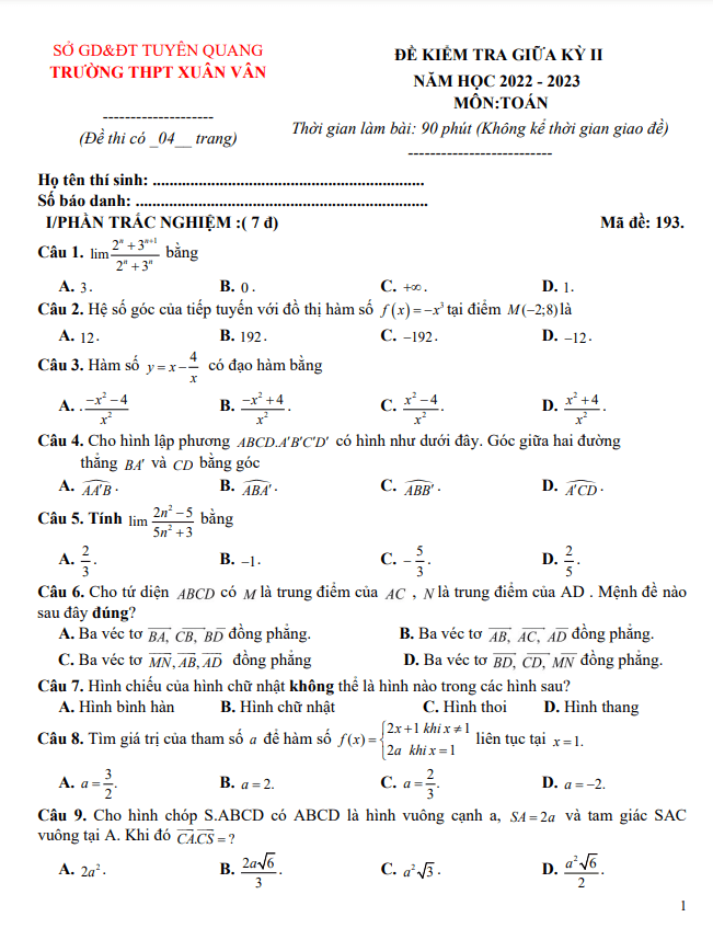 đề giữa kỳ 2 toán 11 năm 2022 – 2023 trường thpt xuân vân – tuyên quang