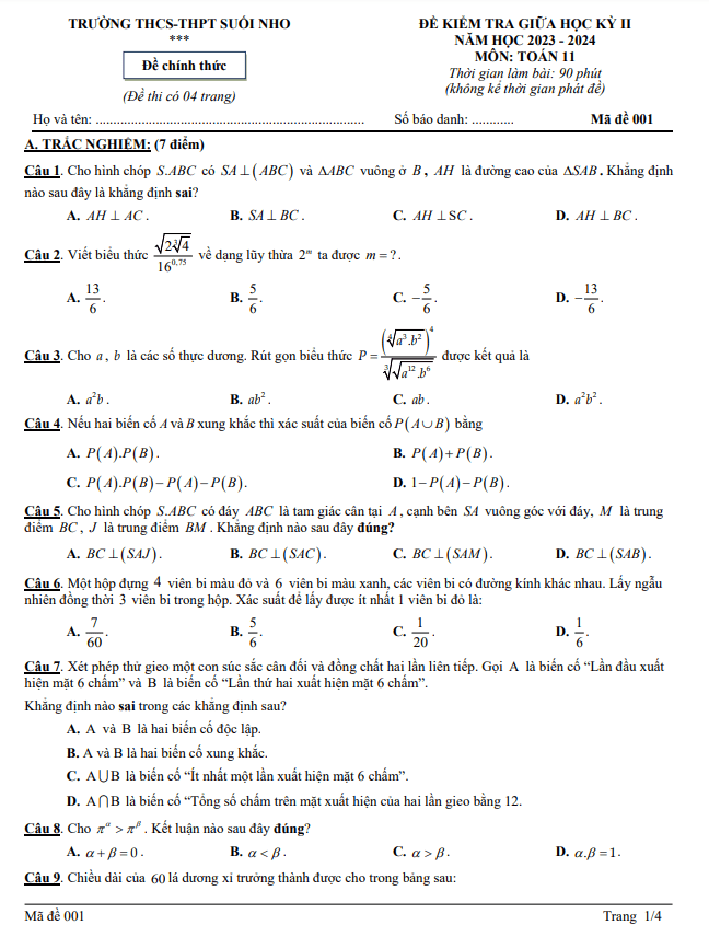 đề giữa kỳ 2 toán 11 năm 2023 – 2024 trường thcs – thpt suối nho – đồng nai