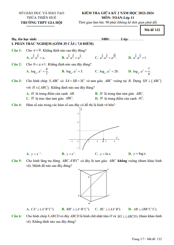 đề giữa kỳ 2 toán 11 năm 2023 – 2024 trường thpt gia hội – tt huế