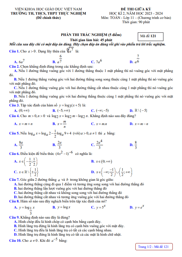 đề giữa kỳ 2 toán 11 năm 2023 – 2024 trường thực nghiệm khoa học giáo dục – hà nội