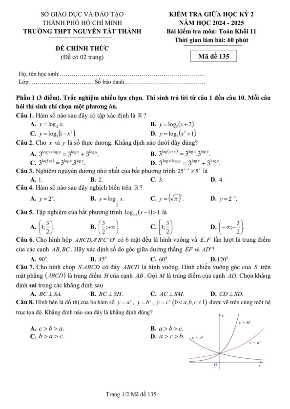 đề giữa kỳ 2 toán 11 năm 2024 – 2025 trường thpt nguyễn tất thành – tp hcm