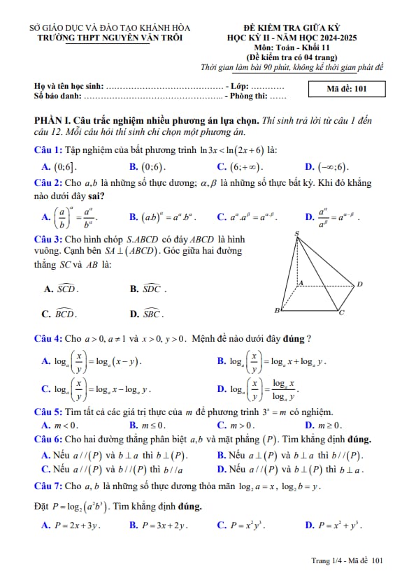đề giữa kỳ 2 toán 11 năm 2024 – 2025 trường thpt nguyễn văn trỗi – khánh hòa