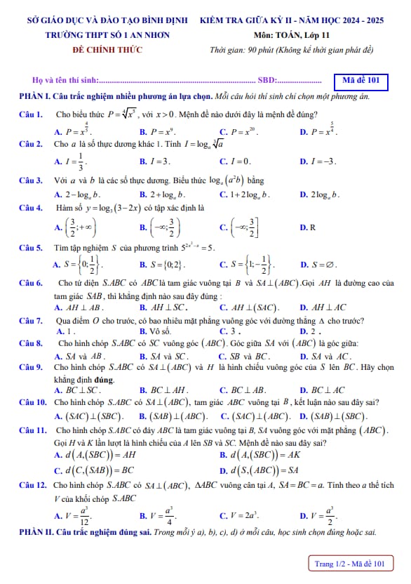 đề giữa kỳ 2 toán 11 năm 2024 – 2025 trường thpt số 1 an nhơn – bình định