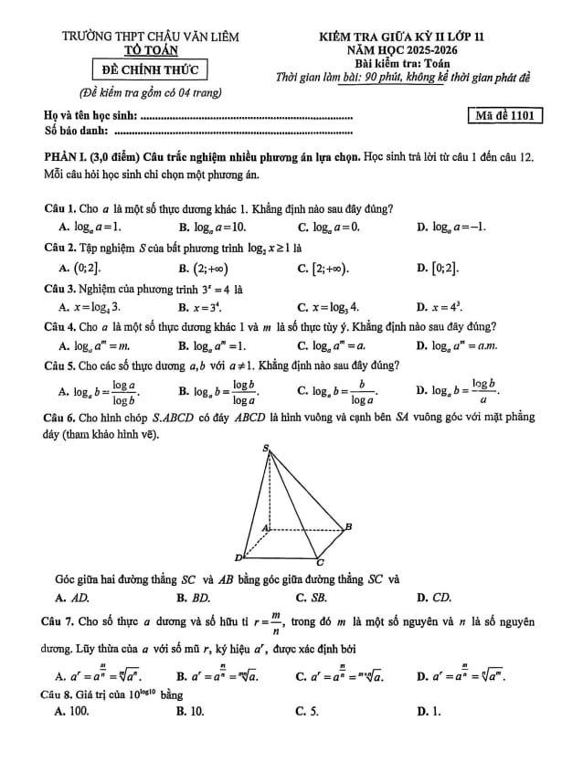 đề giữa kỳ 2 toán 11 năm 2025 – 2026 trường thpt châu văn liêm – cần thơ