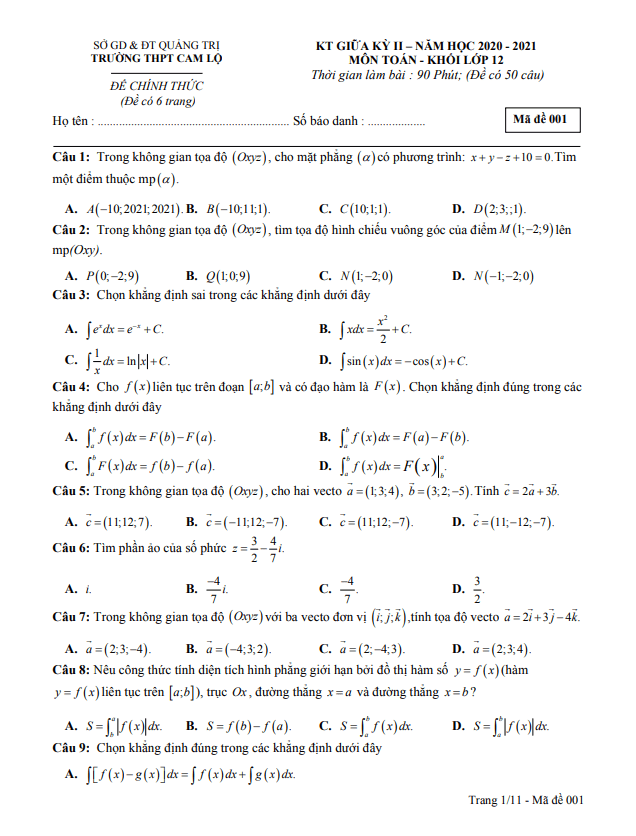 đề giữa kỳ 2 toán 12 năm 2020 – 2021 trường thpt cam lộ – quảng trị