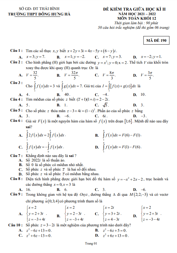 đề giữa kỳ 2 toán 12 năm 2021 – 2022 trường thpt đông hưng hà – thái bình