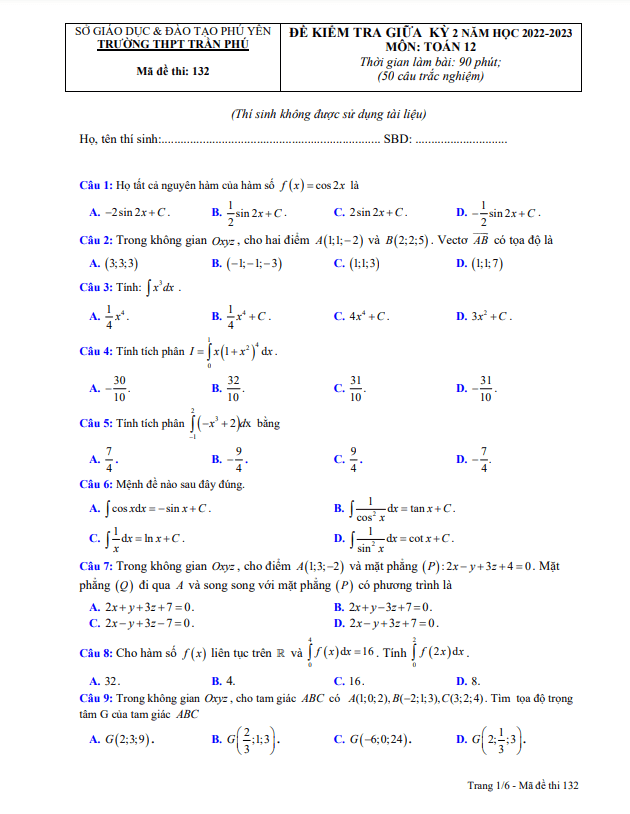 đề giữa kỳ 2 toán 12 năm 2022 – 2023 trường thpt trần phú – phú yên