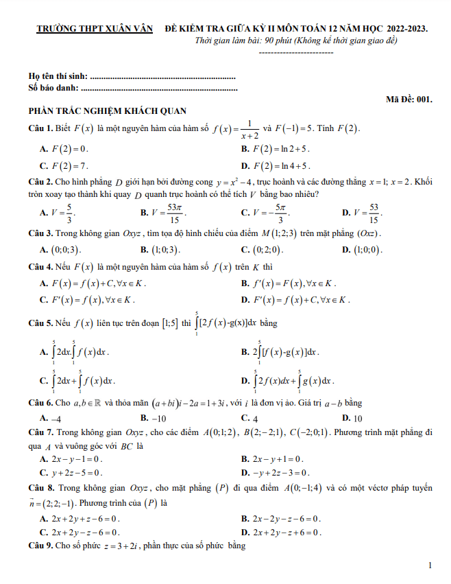 đề giữa kỳ 2 toán 12 năm 2022 – 2023 trường thpt xuân vân – tuyên quang