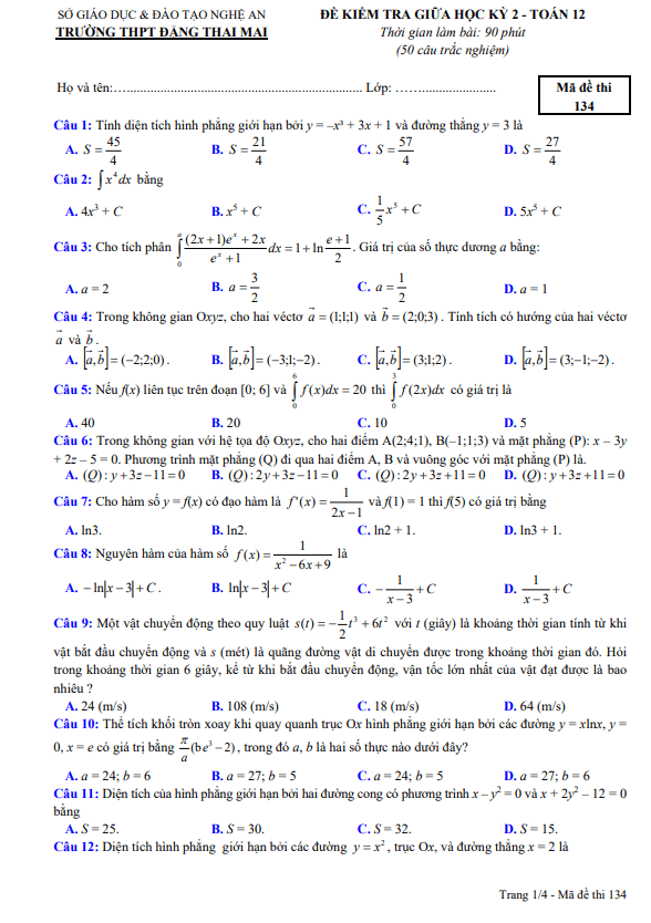 đề giữa kỳ 2 toán 12 năm 2023 – 2024 trường thpt đặng thai mai – nghệ an