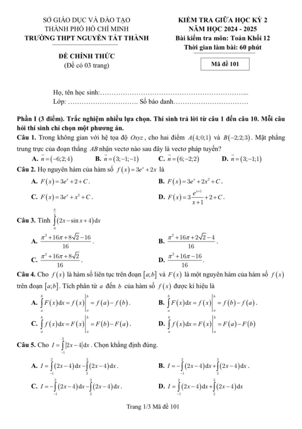 đề giữa kỳ 2 toán 12 năm 2024 – 2025 trường thpt nguyễn tất thành – tp hcm