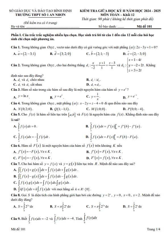 đề giữa kỳ 2 toán 12 năm 2024 – 2025 trường thpt số 1 an nhơn – bình định