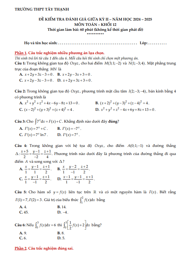 đề giữa kỳ 2 toán 12 năm 2024 – 2025 trường thpt tây thạnh – tp hcm