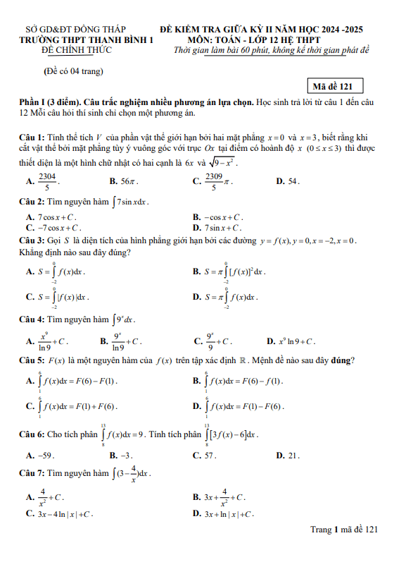 đề giữa kỳ 2 toán 12 năm 2024 – 2025 trường thpt thanh bình 1 – đồng tháp