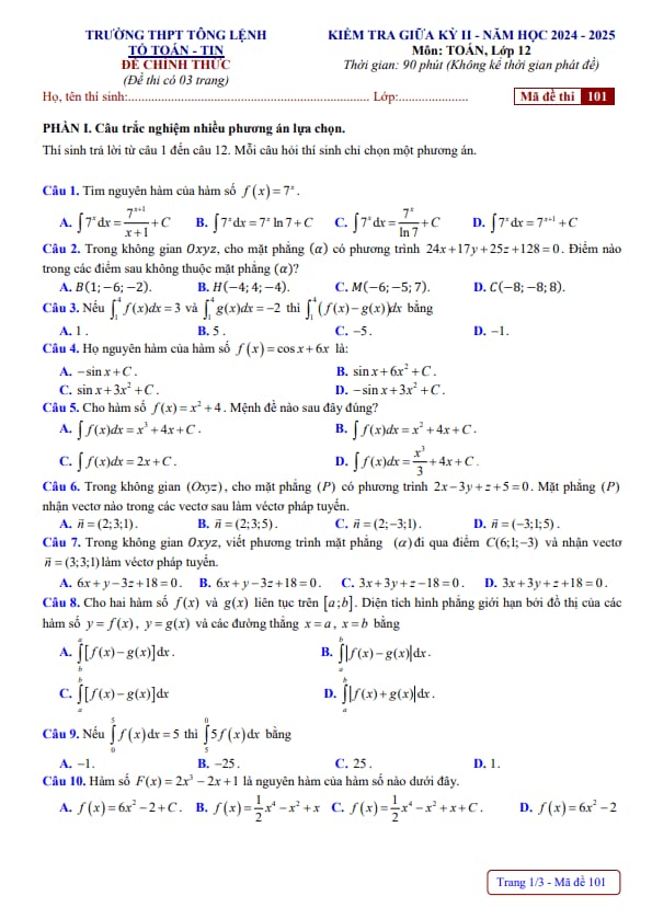 đề giữa kỳ 2 toán 12 năm 2024 – 2025 trường thpt tông lệnh – sơn la