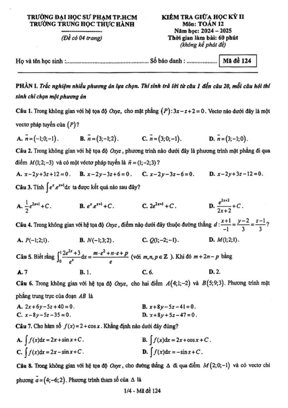 đề giữa kỳ 2 toán 12 năm 2024 – 2025 trường trung học thực hành đhsp – tp hcm