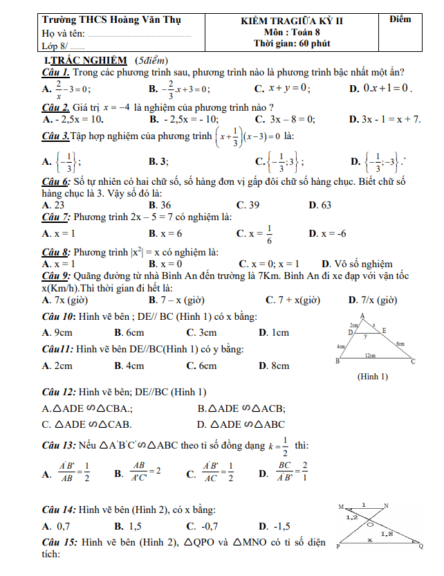 đề giữa kỳ 2 toán 8 năm 2021 – 2022 trường thcs hoàng văn thụ – quảng nam