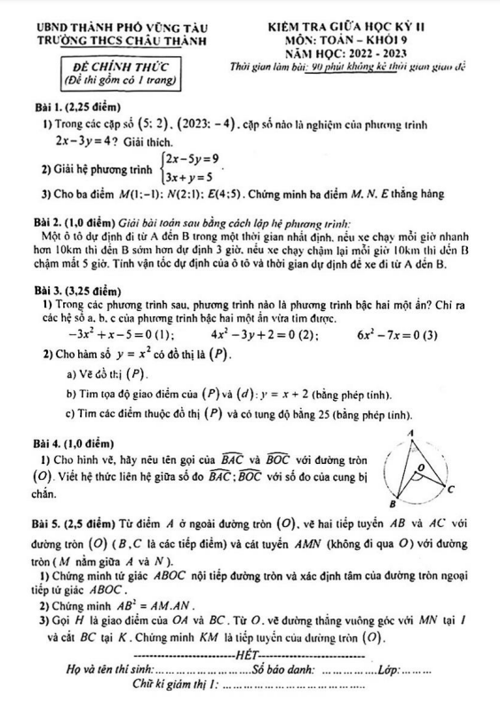 đề giữa kỳ 2 toán 9 năm 2022 – 2023 trường thcs châu thành – br vt