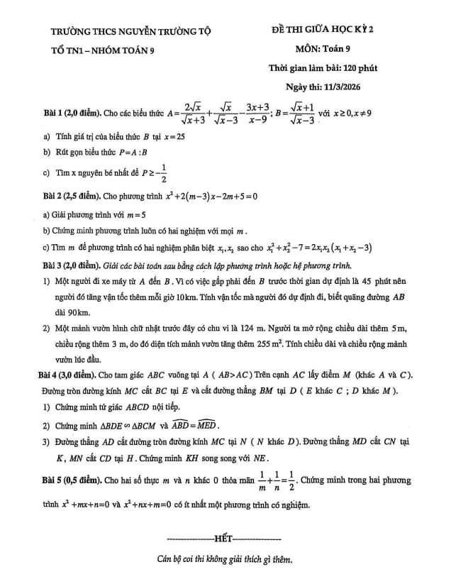 đề giữa kỳ 2 toán 9 năm 2025 – 2026 trường thcs nguyễn trường tộ – hà nội
