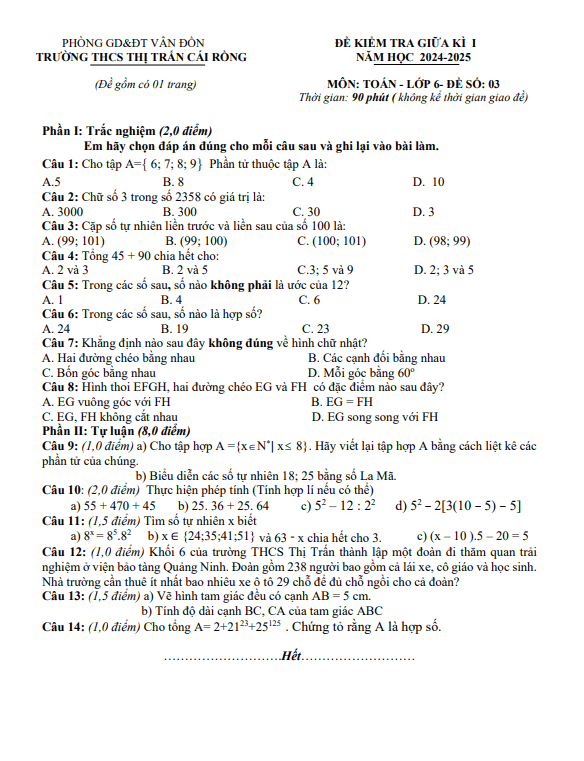 đề gk1 toán 6 năm 2024 – 2025 trường thcs thị trấn cái rồng – quảng ninh