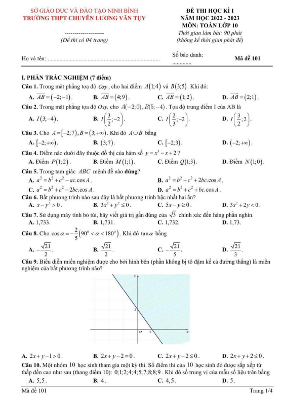 đề học kì 1 toán 10 năm 2022 – 2023 trường chuyên lương văn tụy – ninh bình