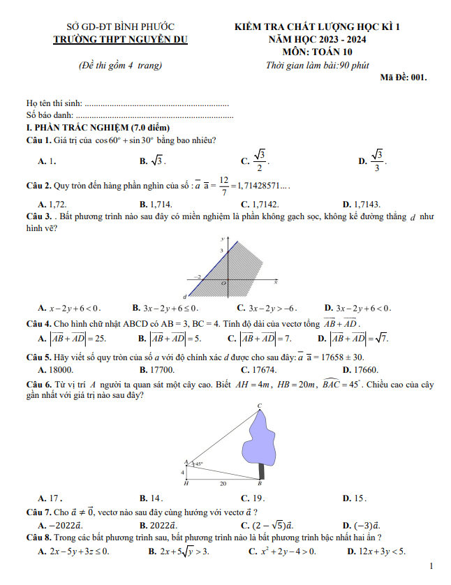 đề học kì 1 toán 10 năm 2023 – 2024 trường thpt nguyễn du – bình phước