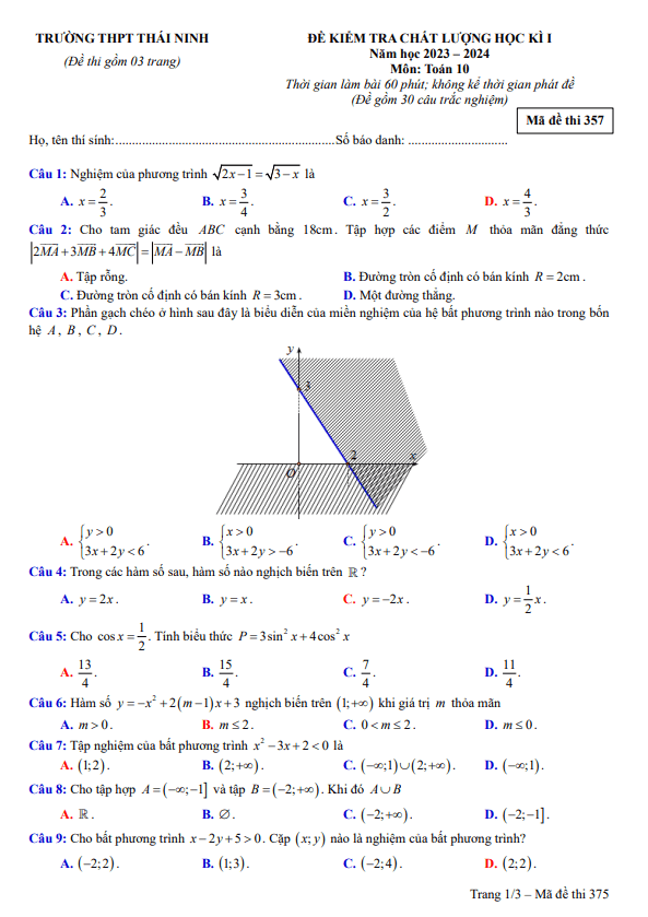 đề học kì 1 toán 10 năm 2023 – 2024 trường thpt thái ninh – thái bình