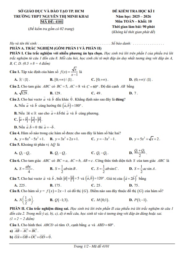 đề học kì 1 toán 10 năm 2025 – 2026 trường thpt nguyễn thị minh khai – tp hcm
