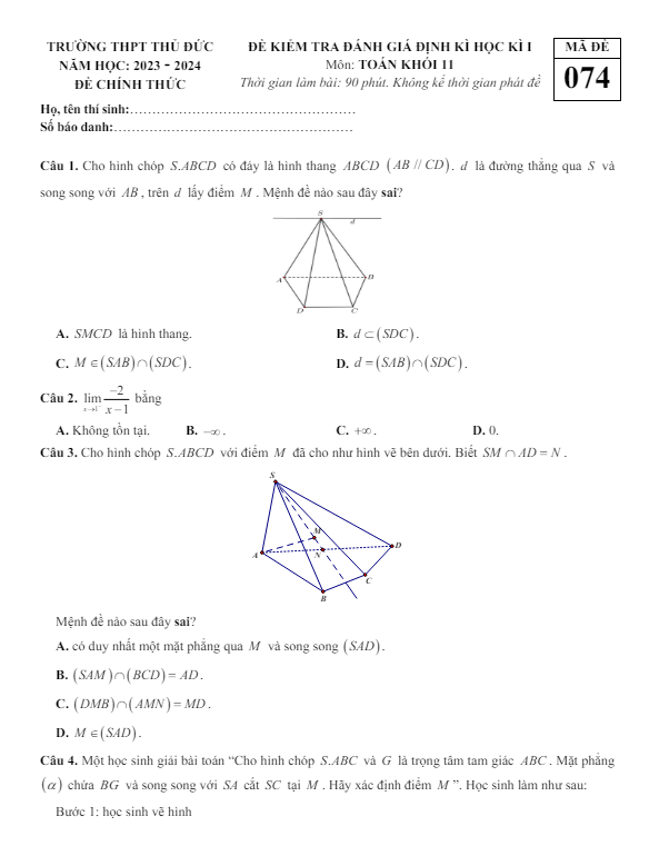 đề học kì 1 toán 11 năm 2023 – 2024 trường thpt thủ đức – tp hcm