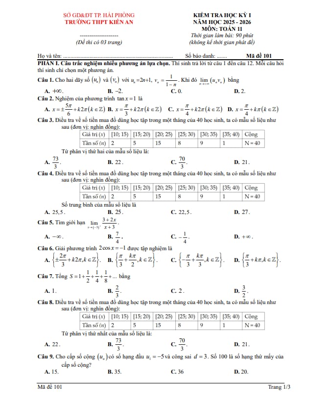 đề học kì 1 toán 11 năm 2025 – 2026 trường thpt kiến an – hải phòng