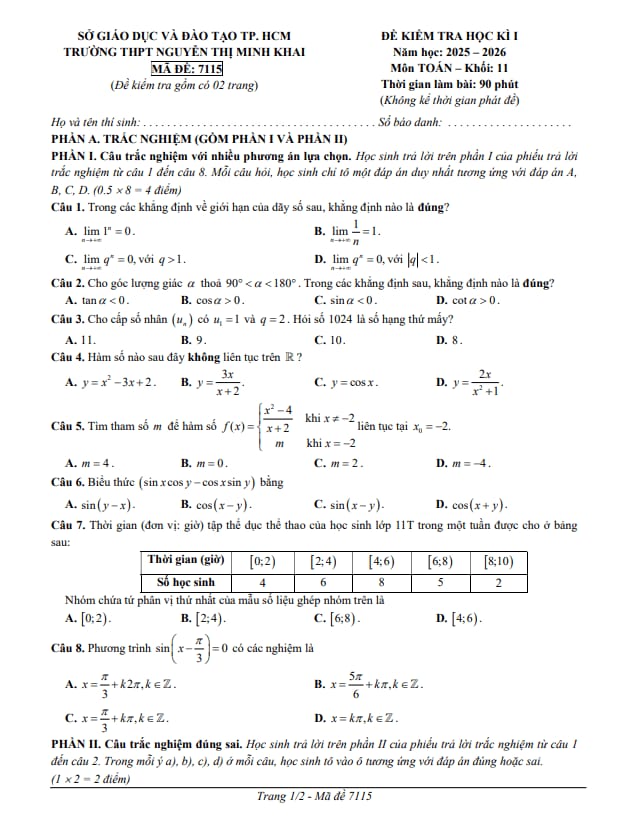 đề học kì 1 toán 11 năm 2025 – 2026 trường thpt nguyễn thị minh khai – tp hcm