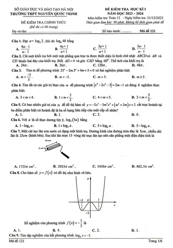 đề học kì 1 toán 12 năm 2023 – 2024 trường thpt nguyễn quốc trinh – hà nội